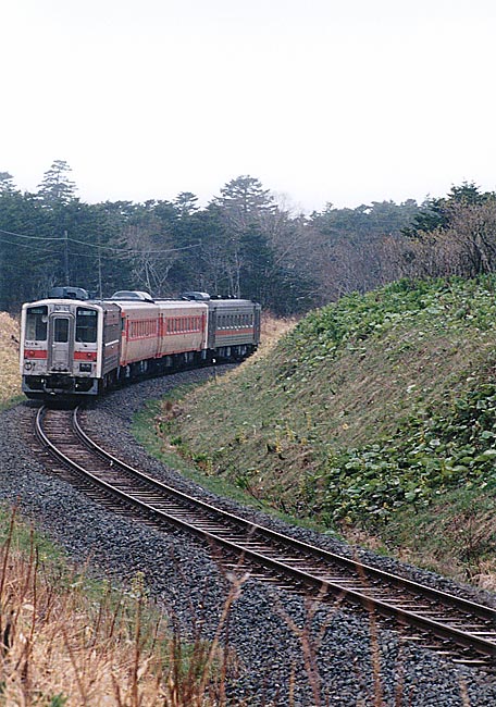 団体貸切車を含む４連の普通列車が落石付近をゆく