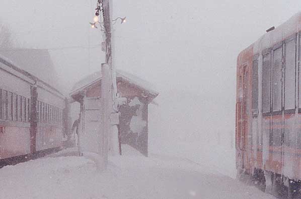 吹雪の中の津軽飯詰駅